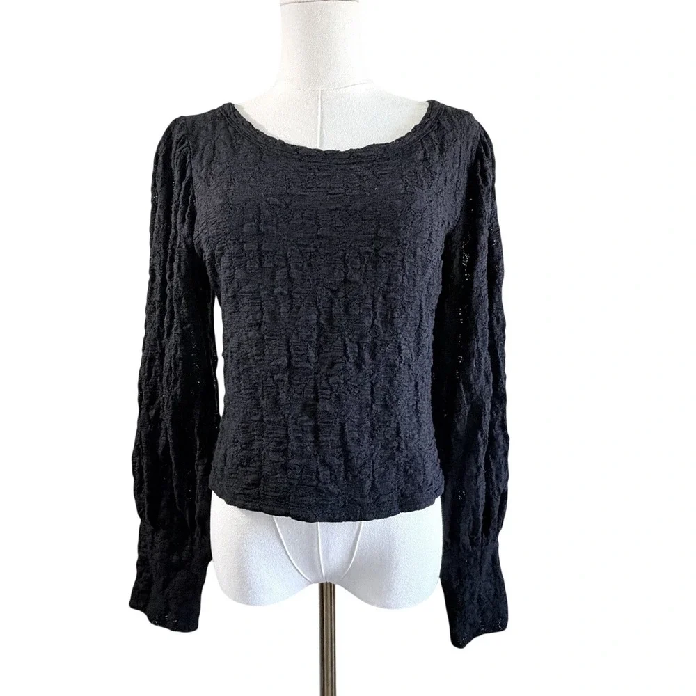 Free People Black Textured Puff Sleeve Open Back Top XL Boho Crinkle Blouse